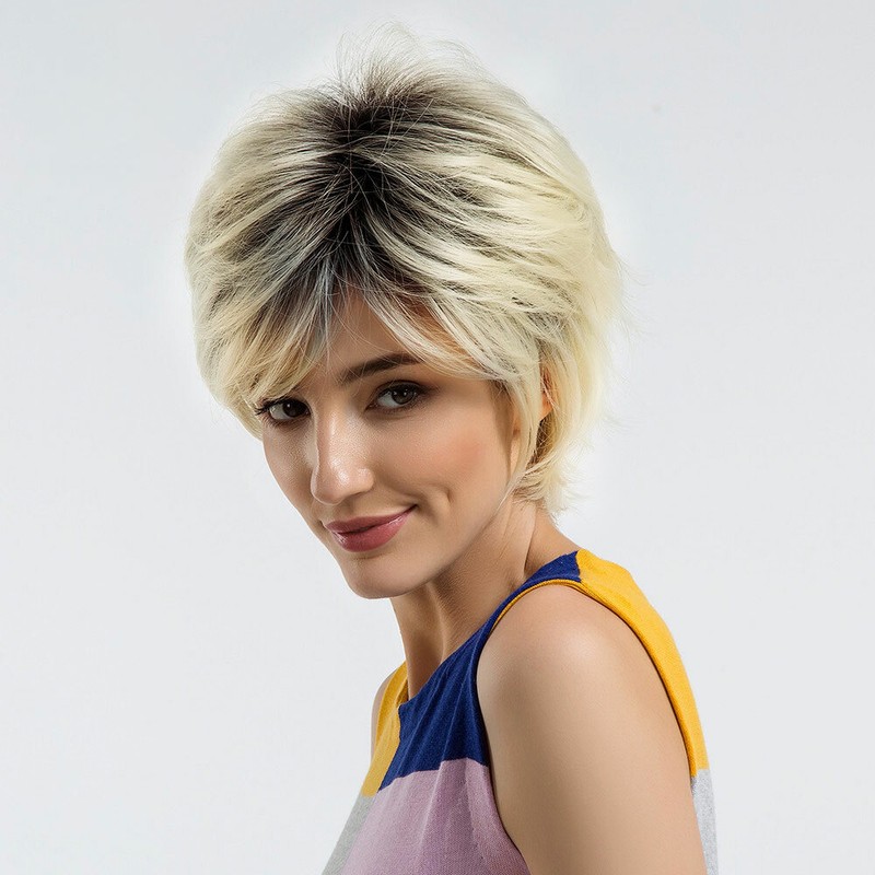 Lady Women Boy Cut Short Layered Pixie Wigs Straight Full