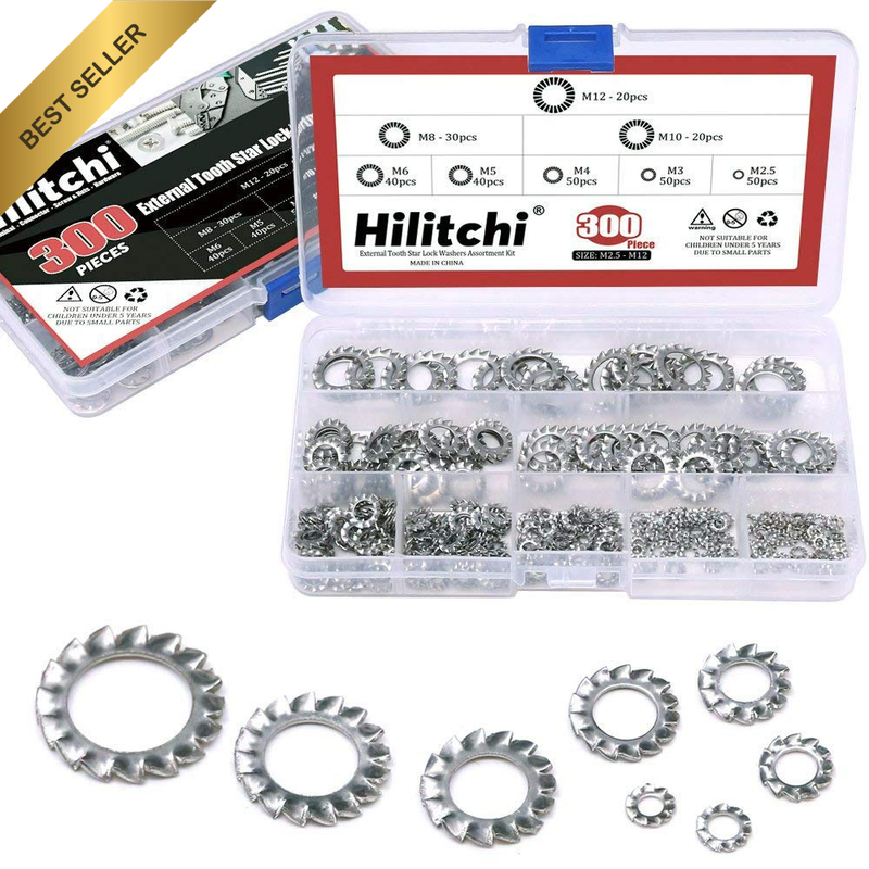 300-Pcs 304 Stainless Steel External Tooth Star Lock Washers Assortment Kit - In