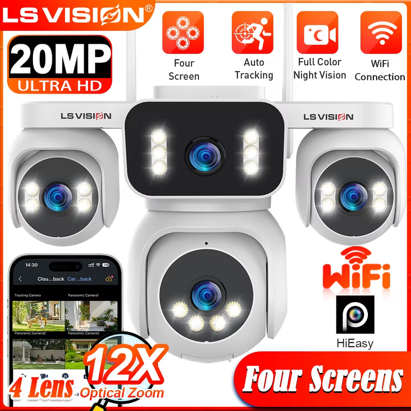 WiFi Security Cameras 20MP IP Camera 12X Zoom 4 Screens Security Protection Nigh