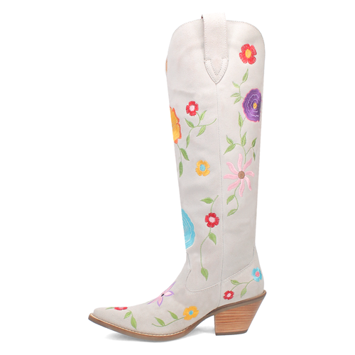 Pre-owned Dingo Flower Power Embroidered Floral Snip Toe Cowboy Womens White Casual Boots