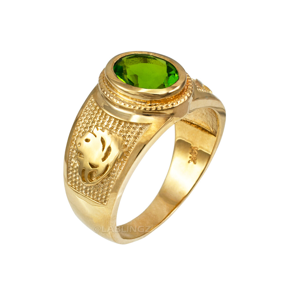 Pre-owned La Blingz 10k Gold Leo Zodiac Sign August Birthstone Green Cz Ring In Yellow Gold