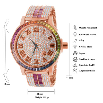 Pre-owned Ice House Mens Rose Gold Roman Numeral Rainbow Multi Dial Solid Steel Bezel Diamond Watch