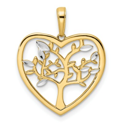 Pre-owned Superdealsforeverything Real 14kt And White Rhodium Diamond-cut Tree Of Life Heart Pendant