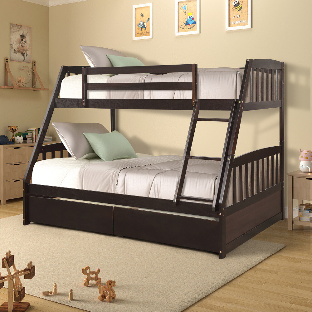 Solid Wood Twin Over Full Bunk Bed Bunkbeds With Storage Drawers