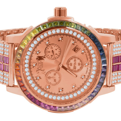 Pre-owned Ice House 18k Rose Gold Tone Solid Steel Bezel Real Diamond Dial Rainbow Multi Tone Watch