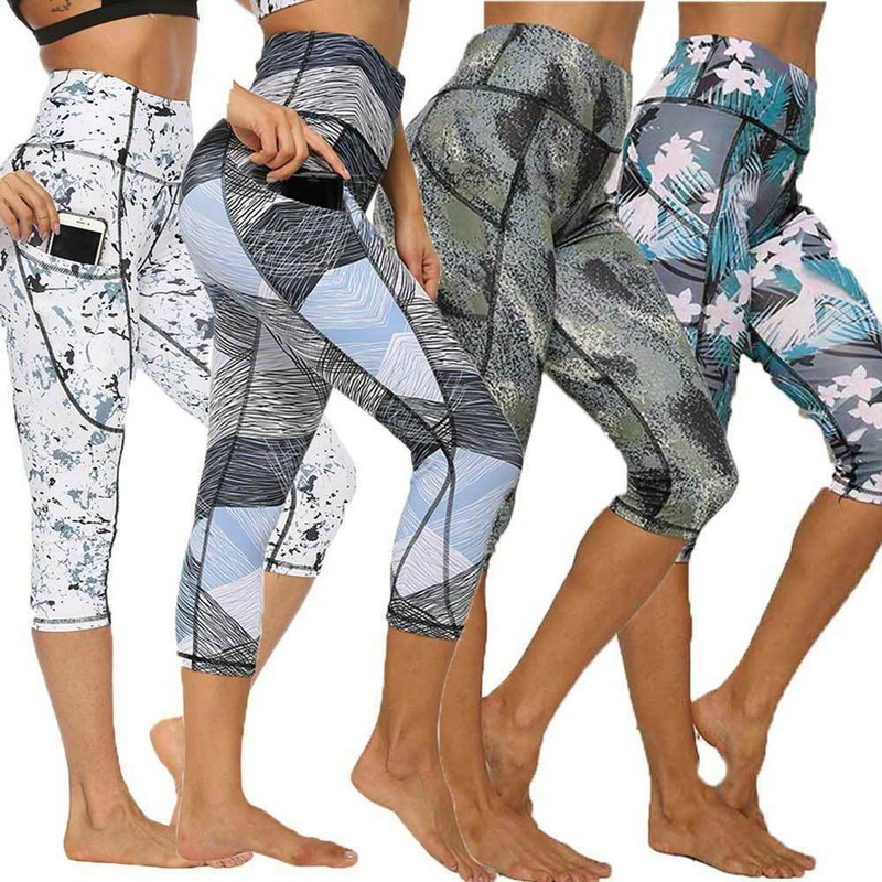 Womens Capri YOGA Pants Pockets Run Gym Sport Fitness Cropped Leggings Workout