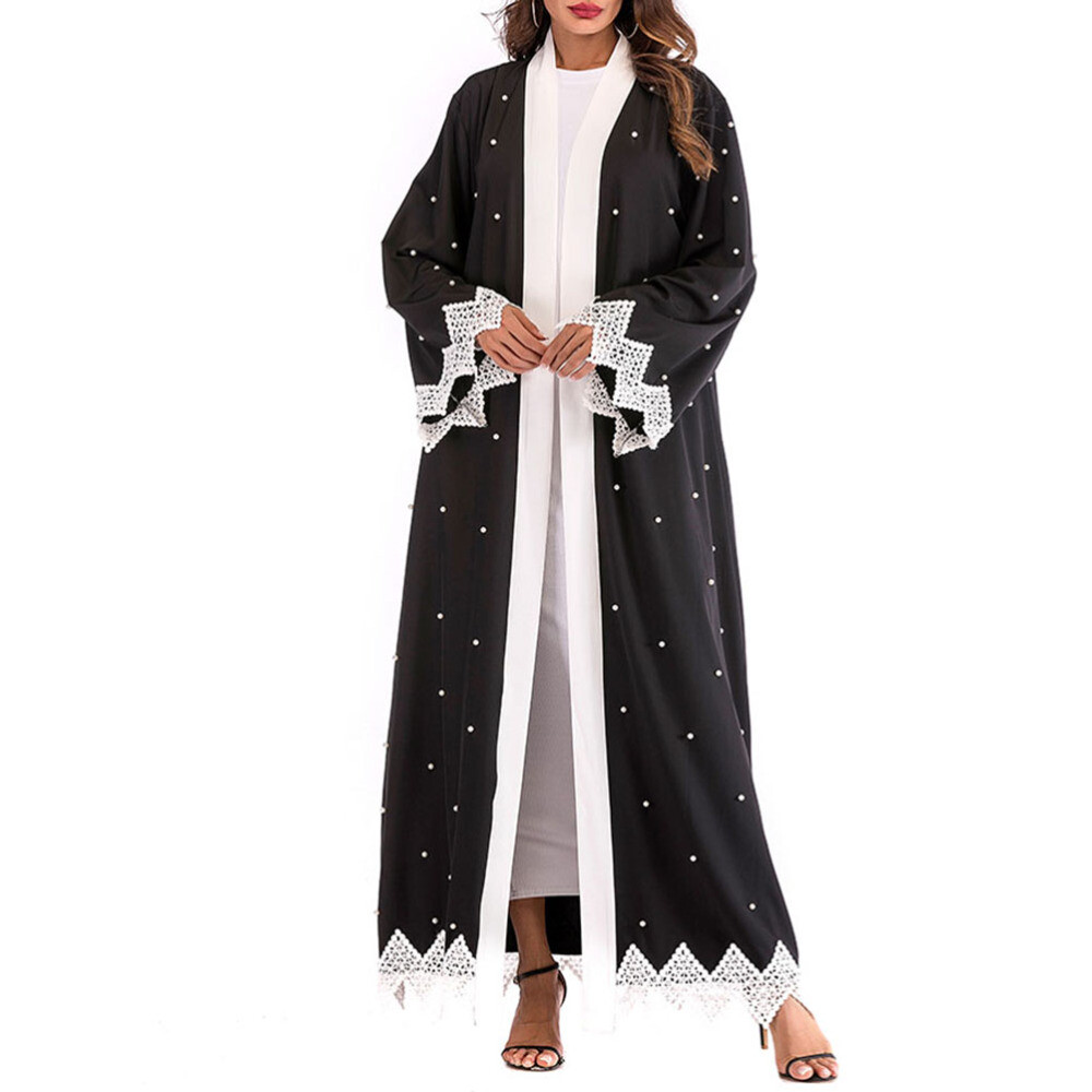 MARKENLOS 3 STÜCKE FRAUEN ROBE LOSE LANGARM PATCHED PERLEN MODE DUBAI KAFTAN MUSLIM KLEID