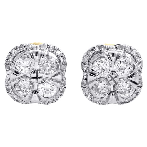 Pre-owned Jfl Diamonds & Timepieces 10k Yellow Gold Genuine Diamond Studs 8mm Square Cluster Halo Earring 0.59 Ct. In White