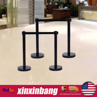 4 PCS Crowd Control Barrier Queue Poles Black Retractable Belt Stanchion Posts 
