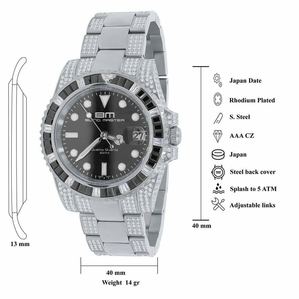 Pre-owned Bling Master Mens Solid Stainless Steel 18k White Gold Finish Simulated Diamond 40mm Watch