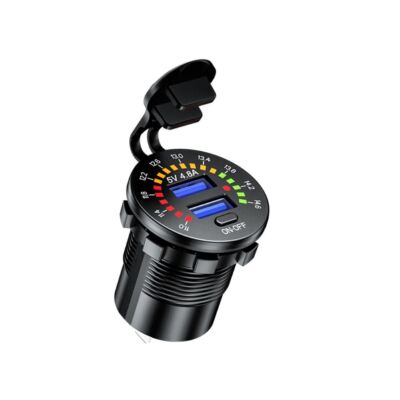 4.8A 12V Car Boat Dual USB Fast Charger Socket w/ Voltmeter & Wire Waterproof