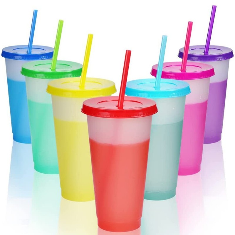 Kinderbecher 7er Pack 500ml Farbwechsel Becher Trinkbecher Mit Strohhalm & Decke