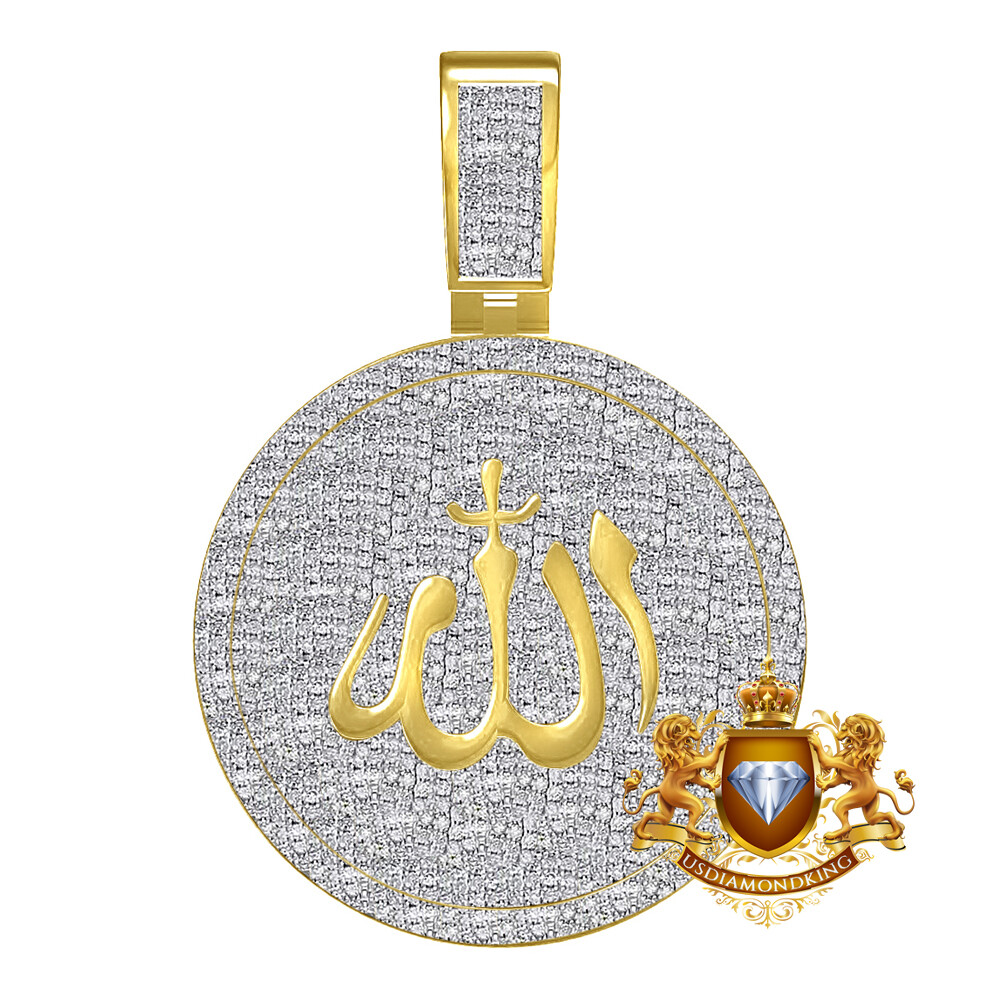 Pre-owned Us Diamond King Men's Real Genuine Diamond 1.25 Ct. Allah God Muslim Pendent Charm Medallion 2'' In Yellow Gold Finish