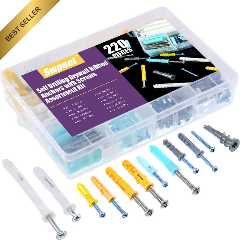 220Pcs Assorted Sizes Hollow Self Drilling Drywall Anchors Kit, Plastic Self Dri