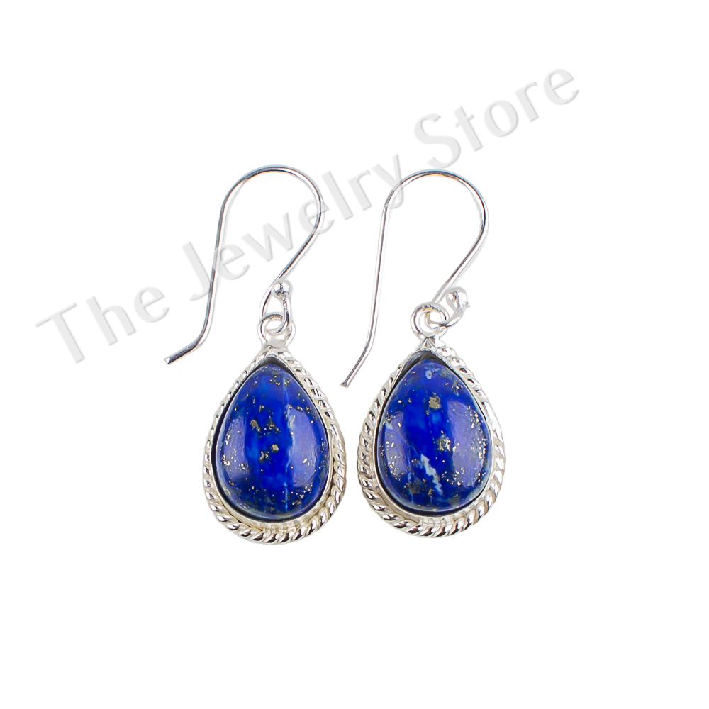 Natural Lapis Lazuli Gemstone 925 Solid Silver Statement Earrings