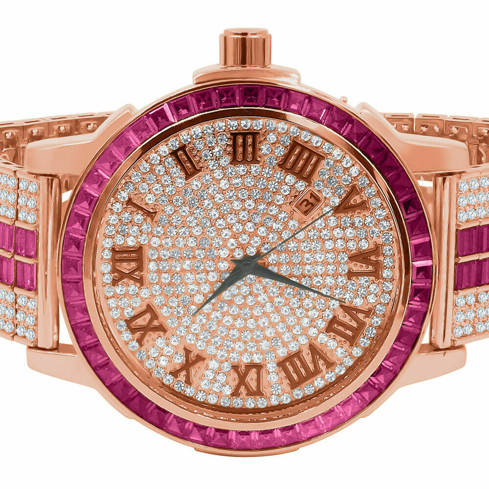 Pre-owned Ice House Roman Numerals Dial Pink Tourmaline Solid Steel Baguette Bezel Custom Band Watch