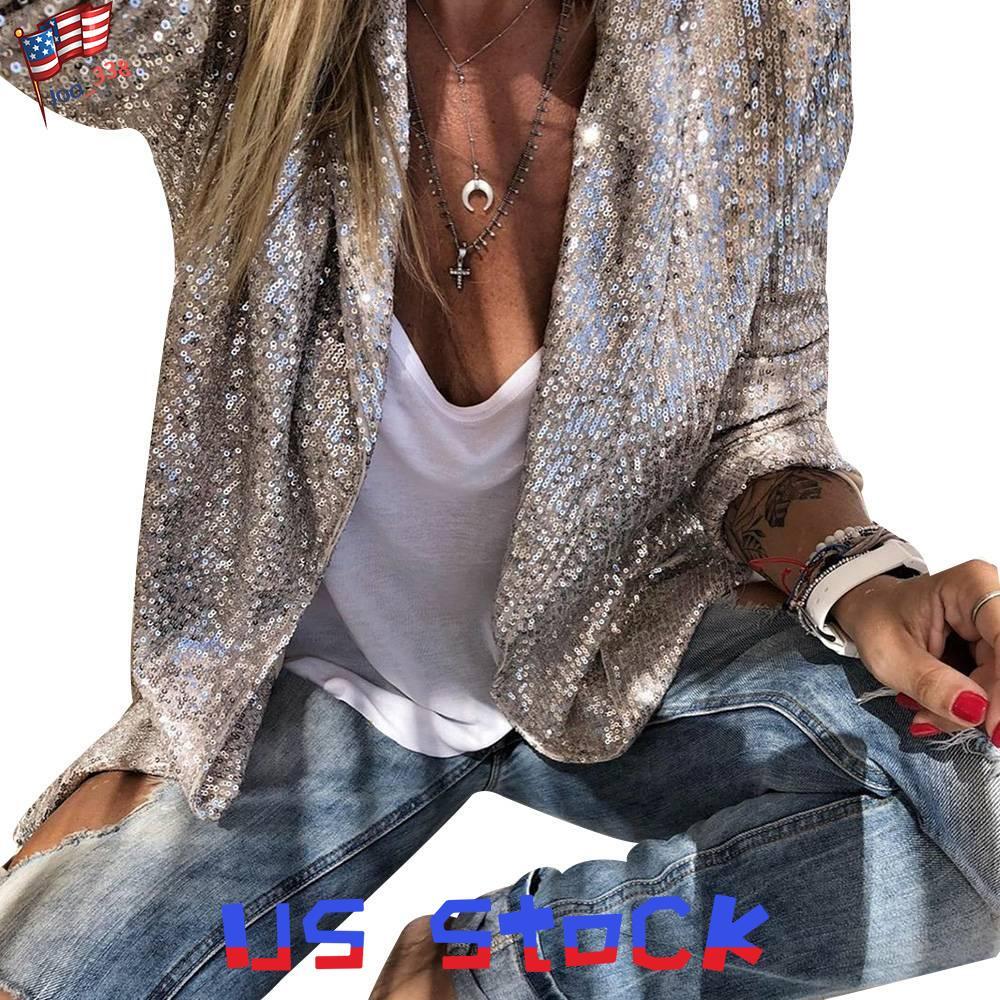 Womens Sequins Blazer Suit Open Front Glitter Club Jacket Ladies Party Outwear