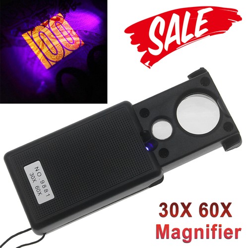 30X 60X Coin Jeweler Eye Loupe Magnifier Diamond Loop LED UV Light Easy-Carrying