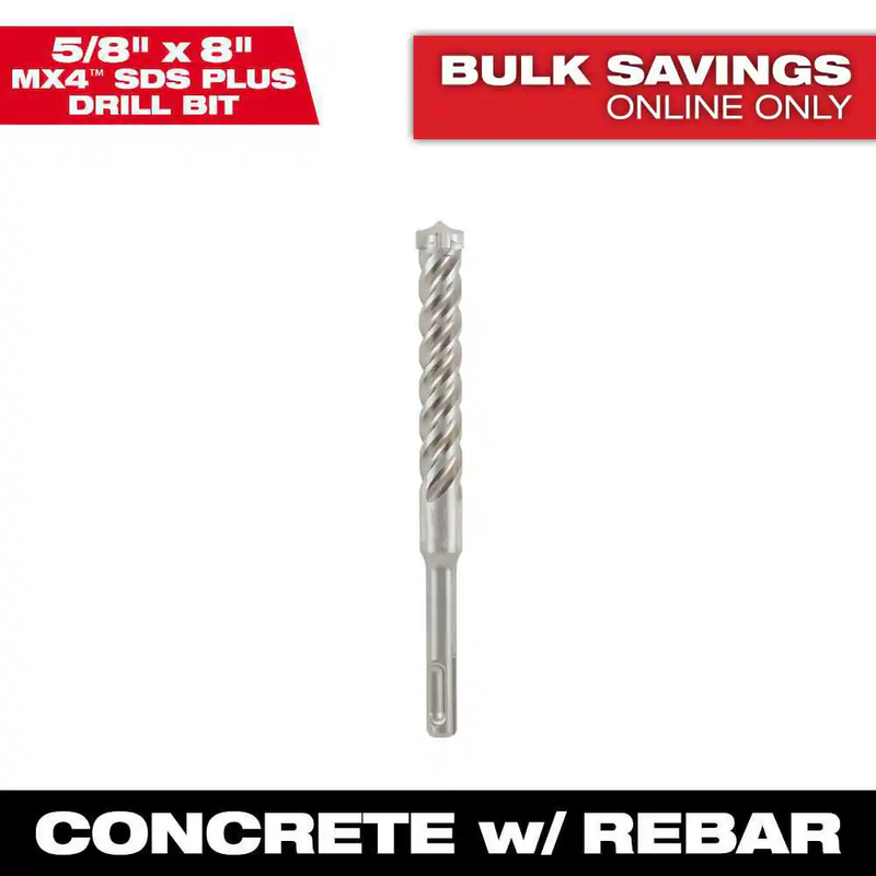 Milwaukee SDS Plus Rotary Hammer Drill Bit 5/8 In MX4 4 Cutter Masonry Concrete