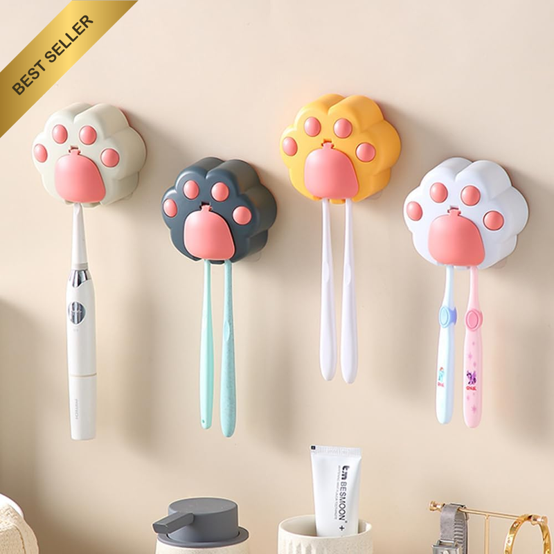 4PC Toothbrush Holder Wall Mounted Cover 2 Slots Cat's Paw Adhesive