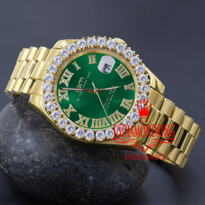 Pre-owned Bling Master Mens Solid Steel Green Dial 18k Gold Simulated Diamonds Presidential Watch 42mm