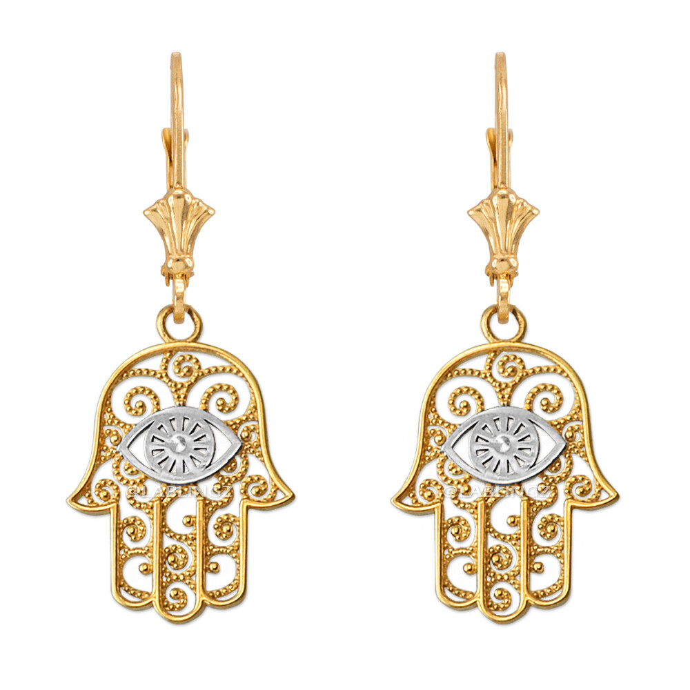 Pre-owned La Blingz 14k Two-tone Yellow Gold Filigree Hamsa Evil Eye Earrings