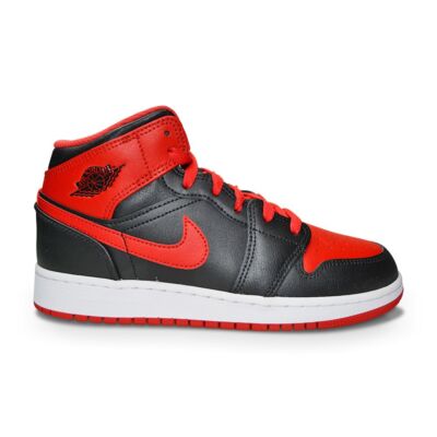 

Кроссовки Nike Air Jordan 1 Mid для юниоров «Alternate Bred» (GS) DQ8423 060 черные, огненно-красные, Черный, Air Jordan 1