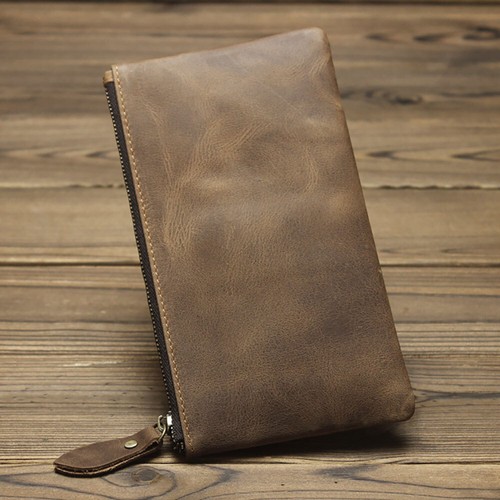 Leather Cash Long Wallet Envelope Zipper Pouch - Money Holder for Men & Women^