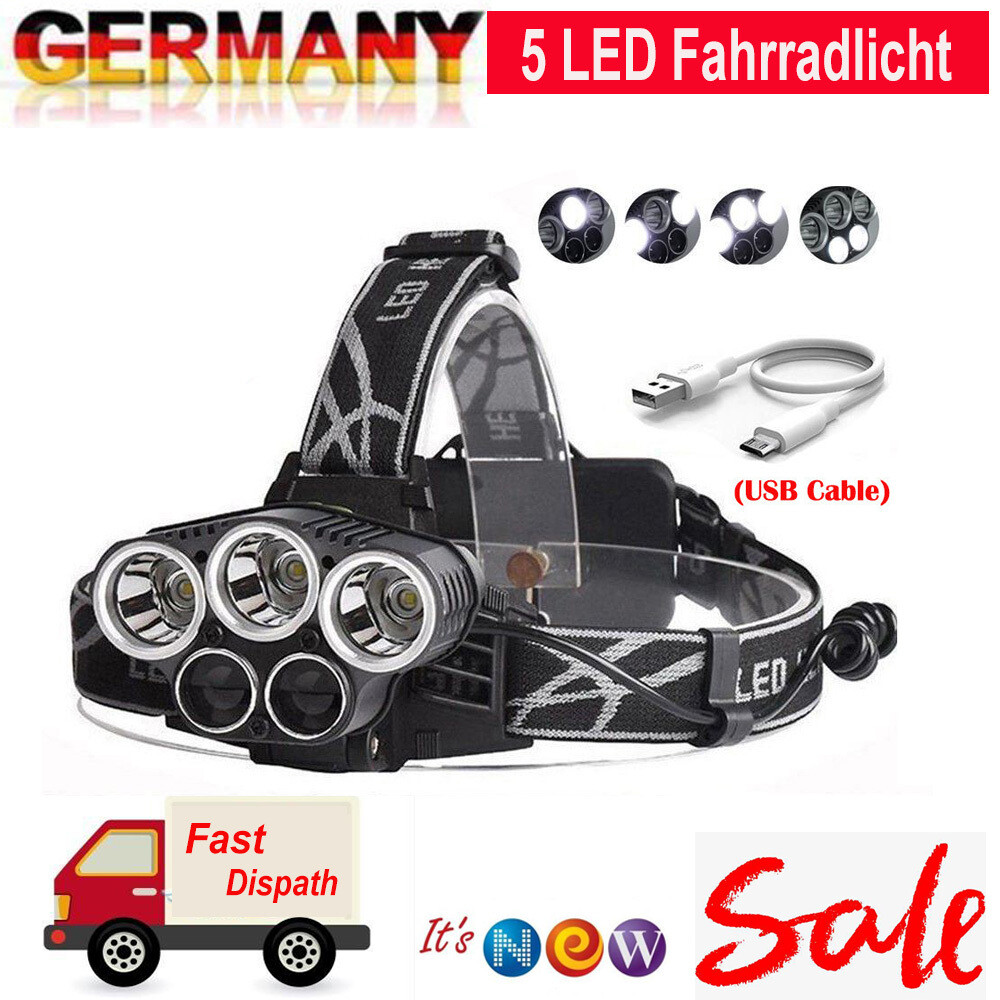 5 LED Profi Stirnlampe Kopflampe Scheinwerfer Taschenlampe 90000LM 5 x XM-L T6