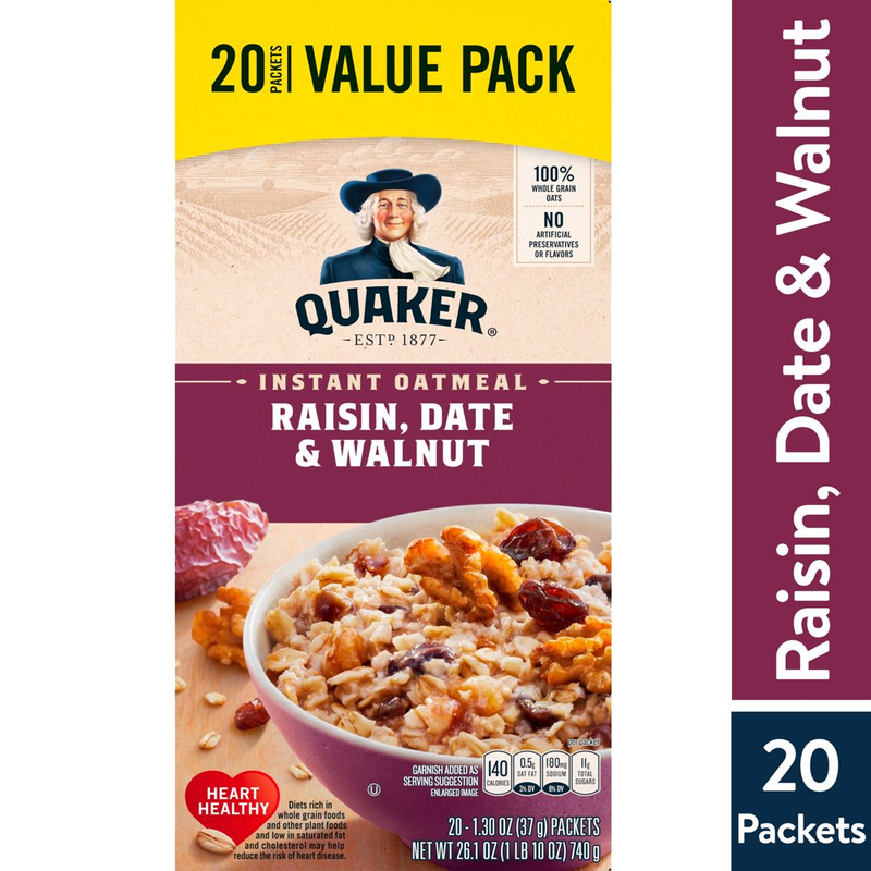 Quaker oats Instant Oatmeal Raisin Dates Walnut 1.30 oz 20 Packets free shipping