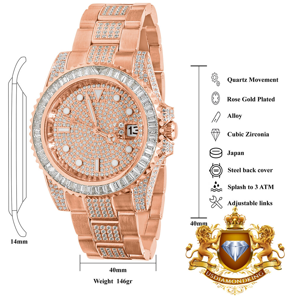 Pre-owned Usdiamondking Baguette Full Solid Steel 18k Rose Gold Simulated Diamond Mens Watch 40mm W/date