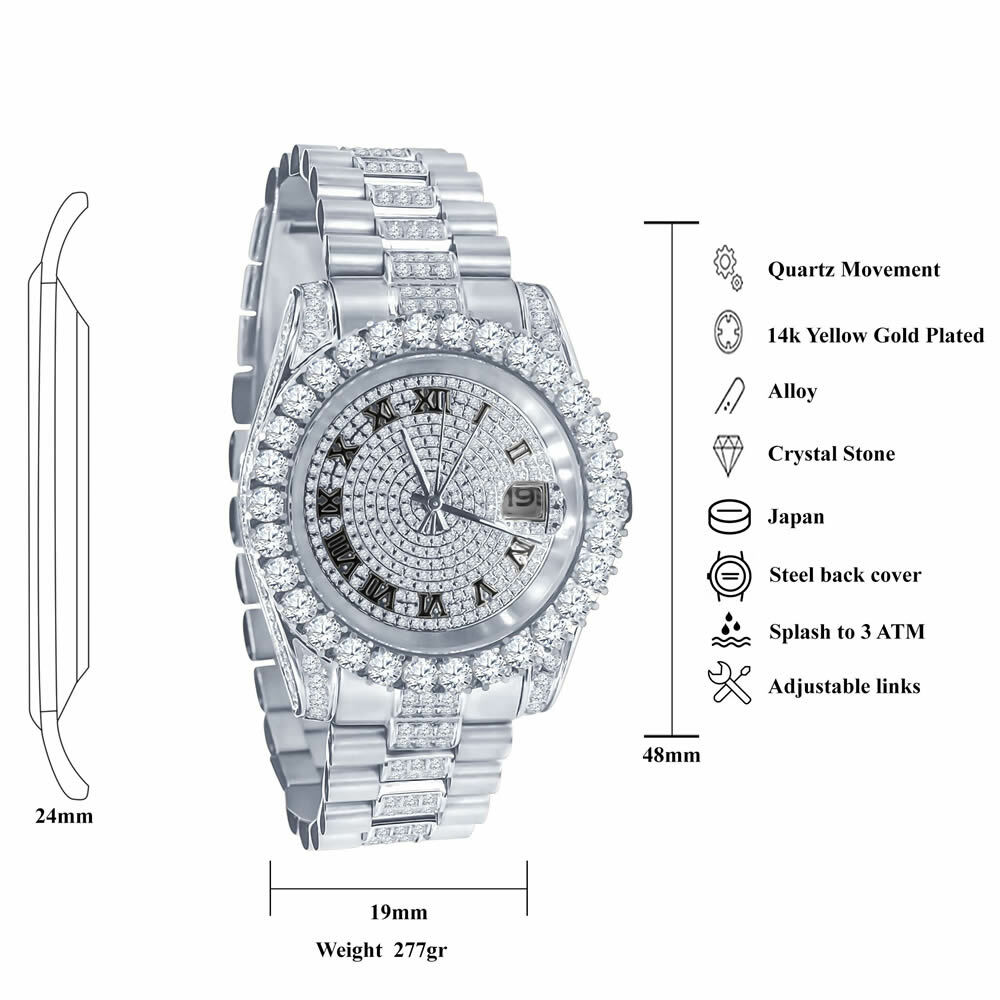 Pre-owned Bling Master 18k White Gold Solid Stainless Steel Simulated Diamonds Presidential Watch 41mm