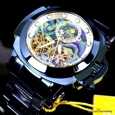 Pre-owned Invicta Man Of War Double Open Heart Automatic Moon Phase Abalone Blue Watch