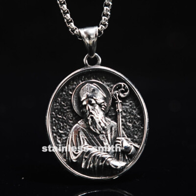 Catholic Mens St Saint Benedict Medal Medallion Pendant Necklace Stainless Steel