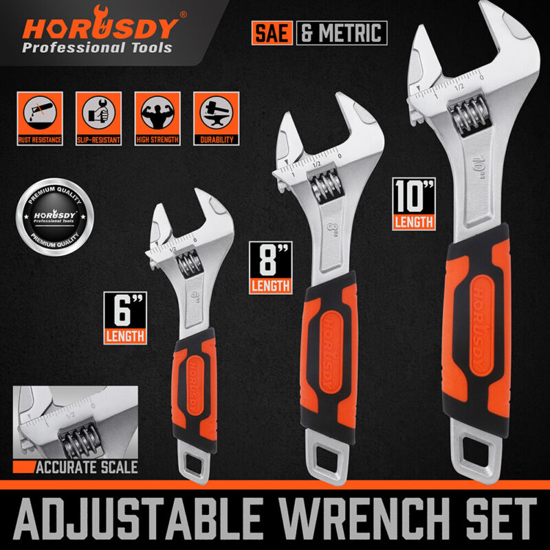 3PC Adjustable Wrench Set CR-V Rubberized Anti-Slip Grips 10 8 6" Extra-Wide Jaw