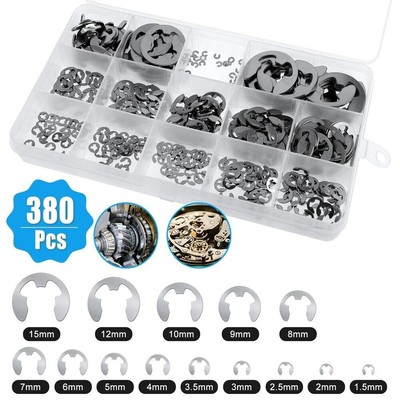 380Pcs Stainless Steel E-Clip Circlip Kit Retaining Ring Assortment Set 14 Sizes