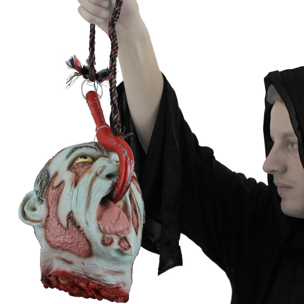 HANGING SEVERED HEAD LIFE SIZE BLOODY HOOK HALLOWEEN PROP JOKE GORY