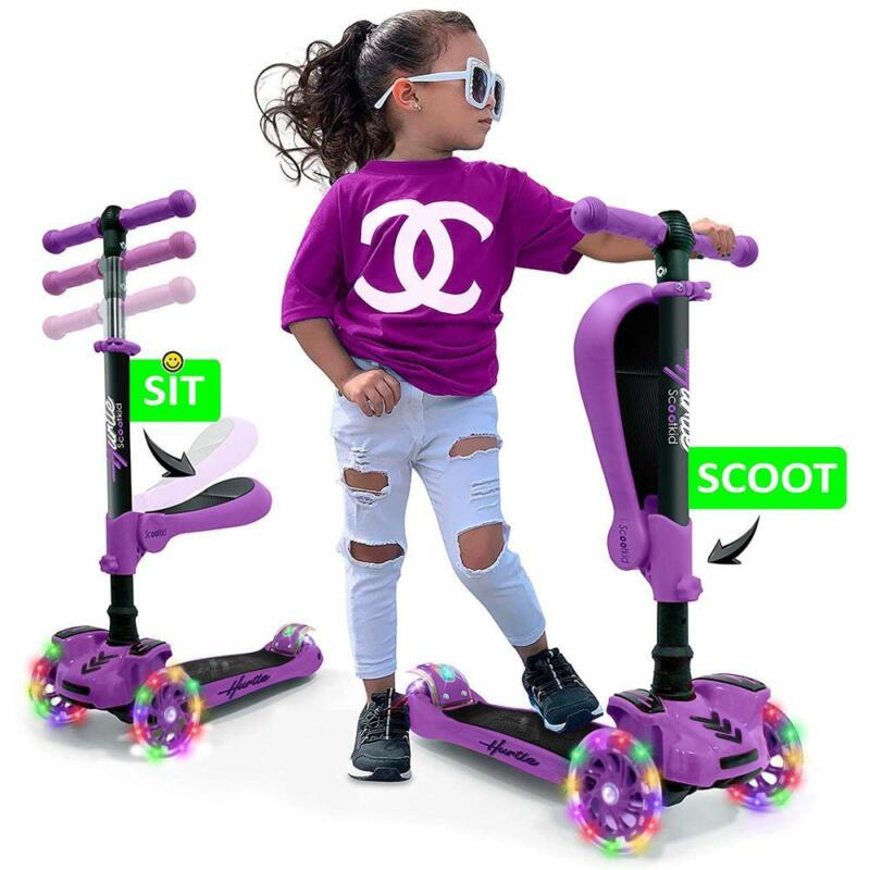 Hurtle ScootKid 3 Wheel Ride On Toy Scooter w/LED Wheels, Purple (Open Box)