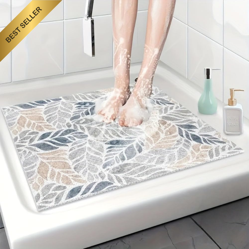 Non-Slip Shower Mat with Leaf Pattern, Square 60 X 60 Cm, Comfortable PVC Loofah