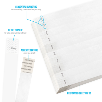 3/4" Tyvek Wristbands White-100 Count