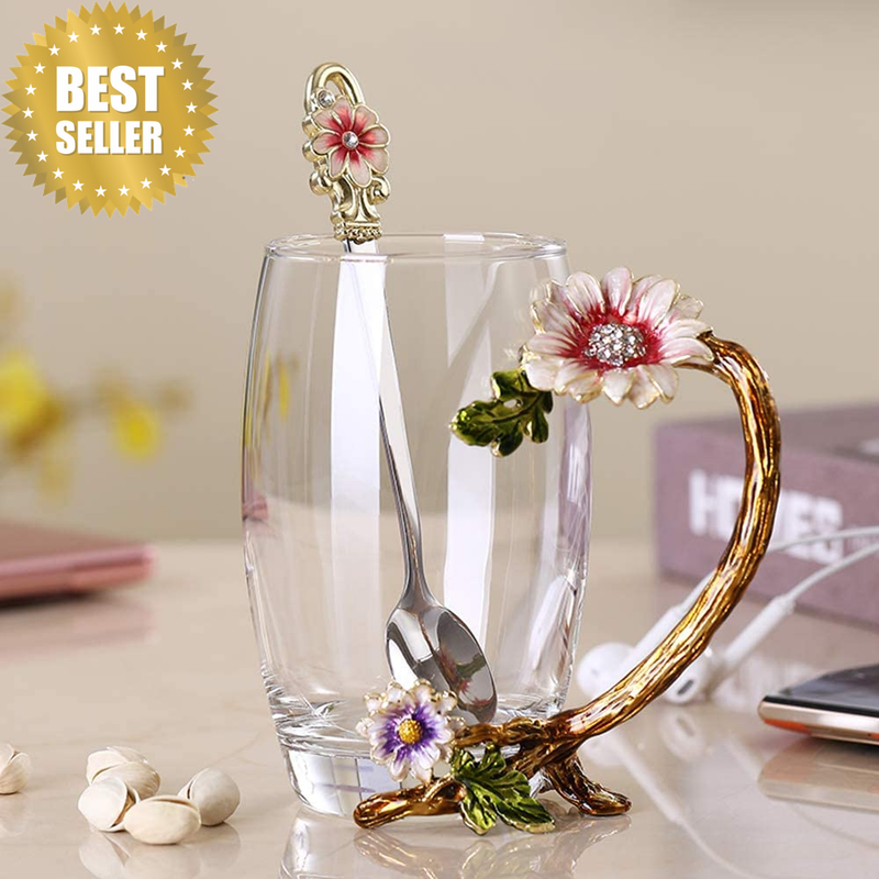 Glass Coffee Enamels Mug Best Birthday Gifts for Mom Sunflower Lead-Free Glass C