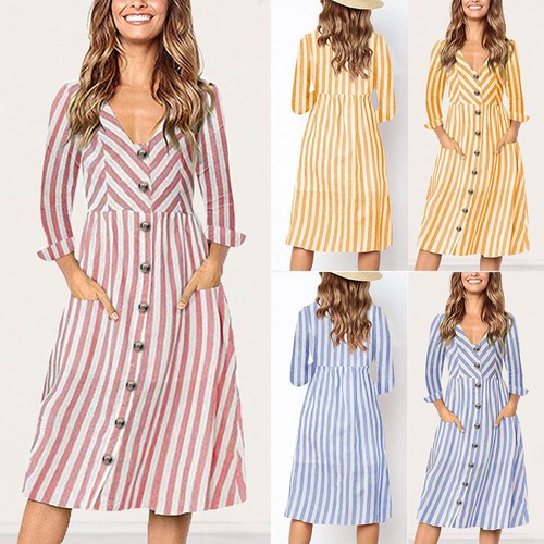 Womens High Waist Casual Long Sleeve V-Neck Striped Print Button Long Dress