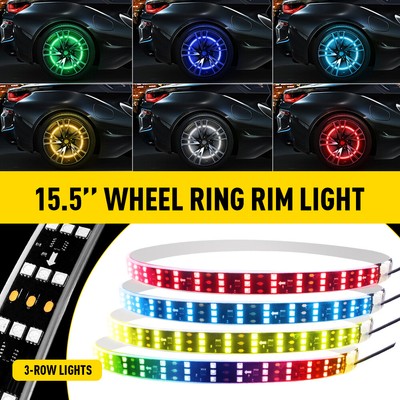 15.5'' RGB & Chasing Flow Double Row LED Wheel Ring Rim Lights Set Truck Car 12V