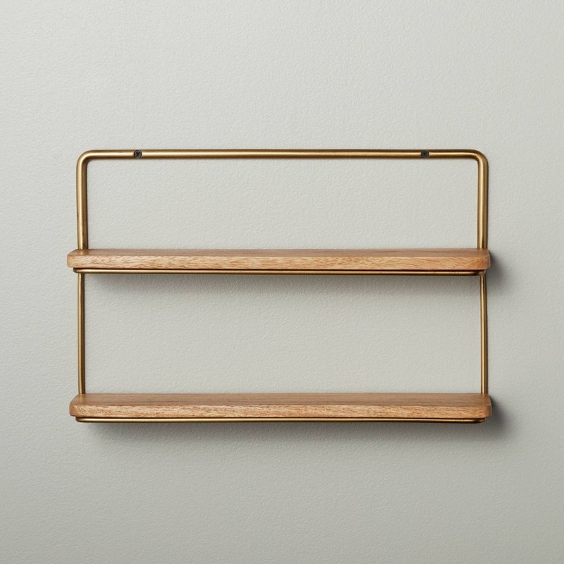 16" Wood & Brass Double Wall Shelf - Hearth &