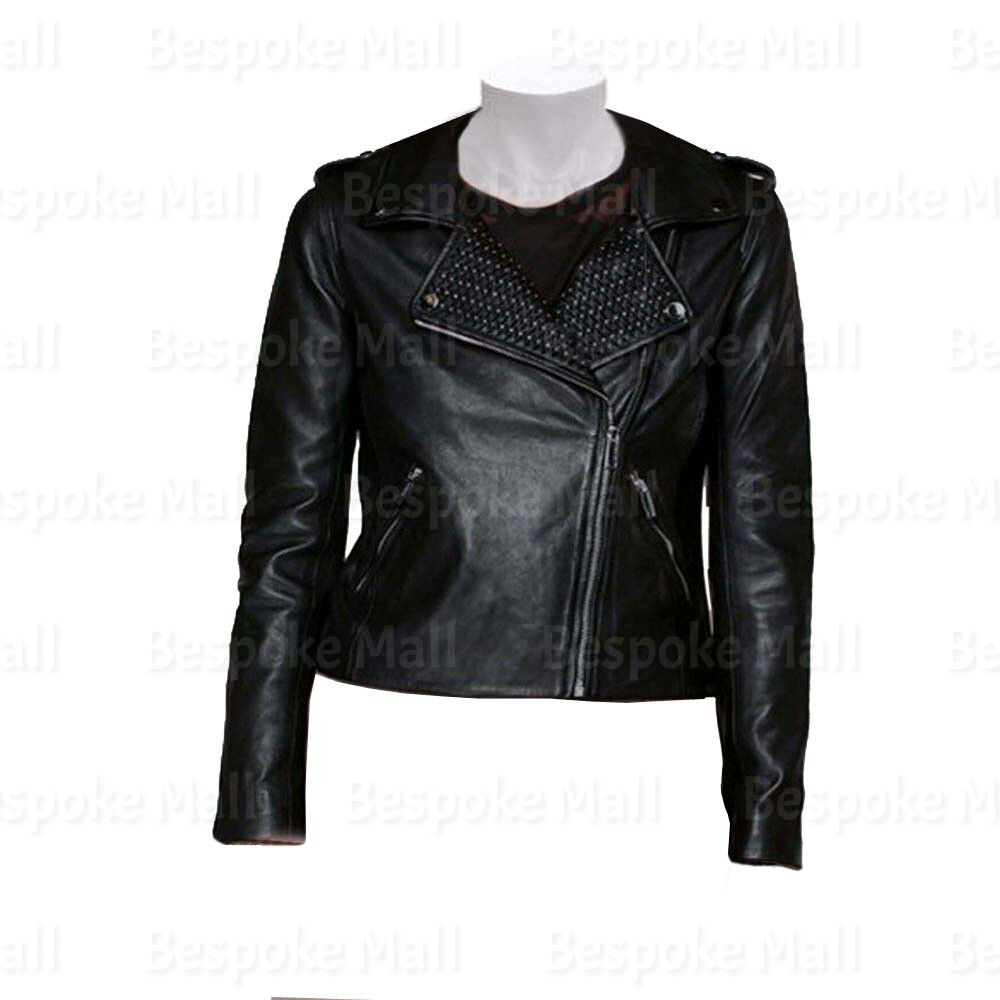 Pre-owned Handmade Women's Brando Black Studded Punk Genuine Cowhide Belted Leather Jacket-109