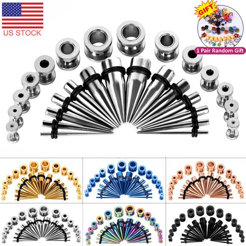 28PCS Ear Stretching Gauges Set Tapers Tunnels Plugs Kit 12G-00G Stainless Steel