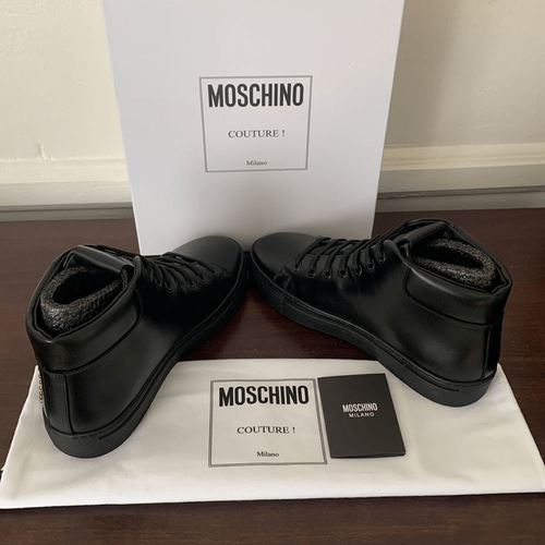 Pre-owned Moschino High Top Logo Studded Leather Sneaker Size 7 In Black