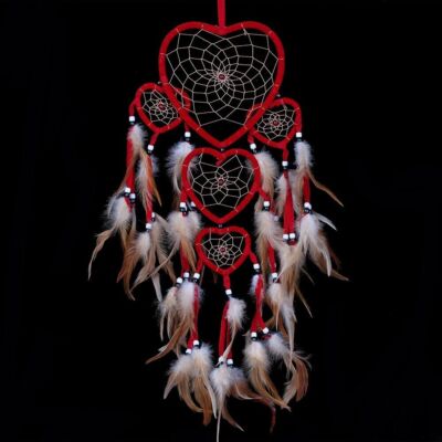 5 Heart Large Dream Catchers with Turquoises Feather Boho Wall Hanging Decor Red