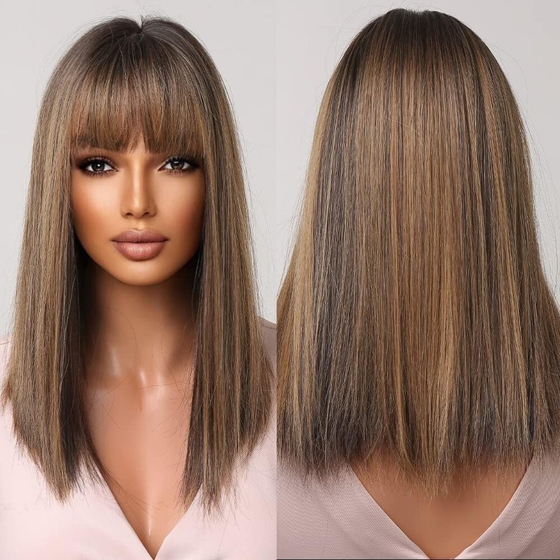 Brun Mixte Blond Perruque Pour Femme Usage Quotidien Cheveux Avec Une Frange