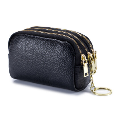 Genuine Leather Coin Purse for Women Small 3 Zipper Change Wallet with Key Ring